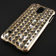 Луксозен твърд гръб / капак / 3D за Samsung G900 Galaxy S5 - прозрачен със златист кант / ромбове
