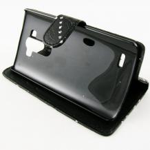 Кожен калъф Flip тефтер със стойка за LG G3 D850 - черен с цветя и брокат