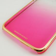 Луксозен твърд гръб / капак / Meephone за Samsung Galaxy S6 G920 - прозрачен / розов със златен кант