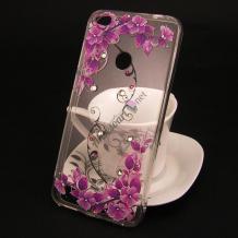 Луксозен силиконов калъф / гръб / TPU с камъни за Huawei P9 Lite - прозрачен / розови цветя