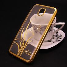 Луксозен силиконов калъф / гръб / TPU / Elegant с камъни за Samsung Galaxy J7 2017 J730- прозрачен със златист кант / цвете / пеперуда