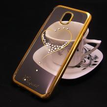 Луксозен силиконов калъф / гръб / TPU / Elegant с камъни за Samsung Galaxy J5 J530 2017 - прозрачен със златист кант / сърце