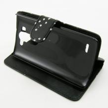 Кожен калъф Flip тефтер със стойка за LG G3 S / LG G3 Mini D722 - черен с цветя и брокат