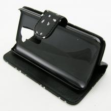 Кожен калъф Flip тефтер със стойка за LG G2 Mini D620 - черен с цветя и брокат