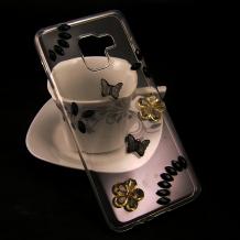 Луксозен силиконов калъф / гръб / TPU 3D с камъни за Samsung Galaxy A8 2018 A530F - прозрачен / пеперуди и цветя