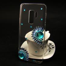 Луксозен силиконов калъф / гръб / TPU 3D с камъни за Samsung Galaxy S9 Plus G965 - прозрачен / сини камъни