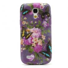 Силиконов калъф / гръб / TPU за Samsung Galaxy S4 mini I9192 / S IV SIV Mini I9190 I9195 - лилав с рози и пеперуди