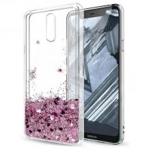 Луксозен гръб 3D Water Case за Samsung Galaxy A72 / A72 5G - прозрачен / течен гръб с розов брокат / сърца