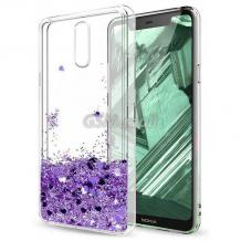 Луксозен гръб 3D Water Case за Samsung Galaxy A72 / A72 5G - прозрачен / течен гръб с лилав брокат / сърца