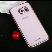 Луксозен твърд гръб / капак / USAMS Kingsir Series за Samsung Galaxy S6 Edge G925 - прозрачен с розов кант