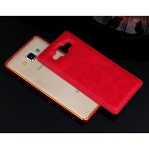 Метален бъмпер / Bumper / с кожен гръб за Samsung Galaxy E7 / Samsung E7 - червен