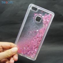 Луксозен твърд гръб 3D за Huawei P9 Lite - прозрачен / розов брокат / звездички