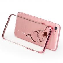Оригинален твърд гръб с камъни USAMS ZANDER Series за Apple iPhone 7 Plus - прозрачен / Rose Gold кант / сърце