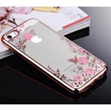 Луксозен силиконов калъф / гръб / TPU с камъни за Apple iPhone 7 - прозрачен / розови цветя / Rose Gold кант