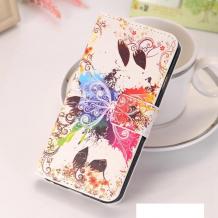 Кожен калъф Flip тефтер със стойка за Huawei P9 Lite - бял / цветна пеперуда