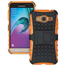 Силиконов гръб TPU Hybrid с твърда част и стойка за Samsung Galaxy J3 / J3 2016 J320 - черен с оранжево