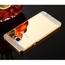 Луксозен алуминиев бъмпер с твърд гръб и камъни за Samsung Galaxy S6 Edge+ G928 / S6 Edge Plus - златист / огледален