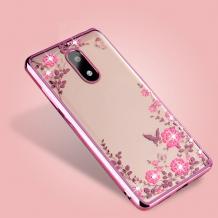Луксозен силиконов калъф / гръб / TPU с камъни за Nokia 8 2017 - прозрачен / розови цветя / Rose Gold кант