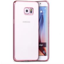 Луксозен силиконов калъф / гръб / TPU за Samsung Galaxy S6 Edge G925 - прозрачен / розов кант