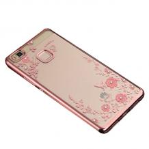 Луксозен силиконов калъф / гръб / TPU с камъни за Huawei P9 Lite - бели цветя / розов кант