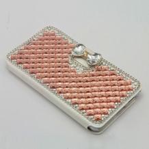 Луксозен кожен калъф Flip тефтер със стойка за Samsung Galaxy Note 4 N910 - бял / Rose Gold камъни