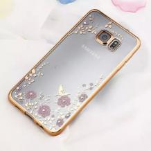 Луксозен силиконов калъф / гръб / TPU с камъни за Samsung Galaxy S7 Edge G935 - розови цветя / златист кант