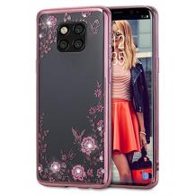 Луксозен силиконов калъф / гръб / TPU с камъни за Huawei Mate 20 Pro - прозрачен / розови цветя / Rose Gold кант