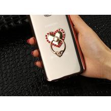 Луксозен силиконов калъф / гръб / TPU с камъни за Samsung Galaxy S7 Edge G935 - розов кант / стойка пръстен / сърце с червени камъни