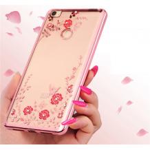 Луксозен силиконов калъф / гръб / TPU с камъни за Xiaomi RedMi 4X -  прозрачен / розови цветя / Rose Gold кант