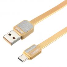 Оригинален USB кабел REMAX Platinum RC-044i 1m / USB Charging Data Cable за Apple iPhone 5 / iPhone 5S / iPhone SE / iPhone 6 / iPhone 6 Plus / iPhone 7 / iPhone 7 Plus - златист / плосък