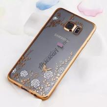 Луксозен силиконов калъф / гръб / TPU с камъни за Samsung Galaxy S6 Edge G925 - бели цветя / златист кант