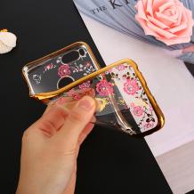 Луксозен силиконов калъф / гръб / TPU с камъни за Huawei P Smart - прозрачен / розови цветя / златист кант