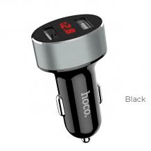Универсално зарядно за кола HOCO LED Display Dual USB Car Charger / Input: 12-24V / Output: USB1 5V-2.1A /USB2: 5V-2.1A - черно със сиво
