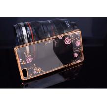 Луксозен силиконов калъф / гръб / TPU с камъни за Huawei Ascend P8 Lite / Huawei P8 Lite - розови цветя / златист кант
