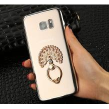 Луксозен силиконов калъф / гръб / TPU с камъни за Samsung Galaxy S7 Edge G935 - сив кант / стойка пръстен / паун