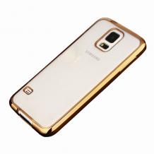 Луксозен силиконов калъф / гръб / TPU за Samsung G900 Galaxy S5 / Galaxy S5 Neo G903 - прозрачен / златист кант