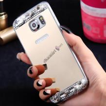 Луксозен силиконов калъф / гръб / TPU с камъни за Samsung G900 Galaxy S5 / Galaxy S5 Neo G903 - огледален / златист
