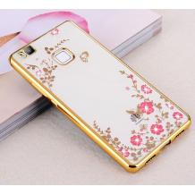 Луксозен силиконов калъф / гръб / TPU с камъни за Huawei Honor 9 Lite - прозрачен / розови цветя / златист кант