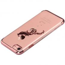 Оригинален твърд гръб с камъни USAMS ZANDER Series за Apple iPhone 7 Plus - прозрачен / Rose Gold кант / паун