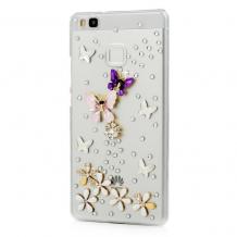Луксозен твърд гръб с камъни за Huawei P9 Lite - прозрачен / пеперуди и цветя