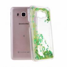 Луксозен твърд гръб 3D за Samsung Galaxy J5 2016 J510 - прозрачен / златисто-зелен брокат / звездички