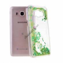 Луксозен твърд гръб 3D за Samsung Galaxy J7 2016 J710 - прозрачен / златисто-зелен брокат / звездички