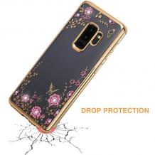 Луксозен силиконов калъф / гръб / TPU с камъни за Samsung Galaxy S9 Plus G965 - прозрачен / розови цветя / златист кант