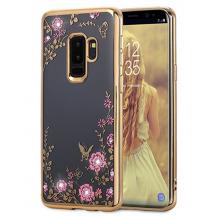 Луксозен силиконов калъф / гръб / TPU с камъни за Samsung Galaxy S9 Plus G965 - прозрачен / розови цветя / златист кант