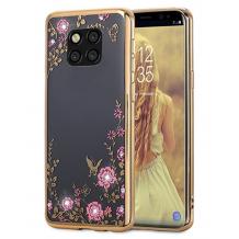 Луксозен силиконов калъф / гръб / TPU с камъни за Huawei Mate 20 Pro - прозрачен / розови цветя / златист кант