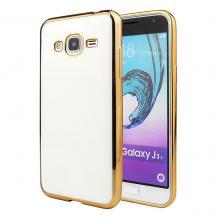 Луксозен твърд гръб за Samsung Galaxy J5 J500 - прозрачен / златист кант