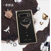 Луксозен твърд гръб KINGXBAR Swarovski Diamond за Samsung Galaxy S10 - прозрачен със златист кант / сърце