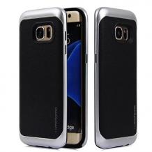 Луксозен твърд гръб MOTOMO Hybrid със силиконов кант за Samsung Galaxy S7 Edge G935 - черен със сребрист кант / имитиращ кожа