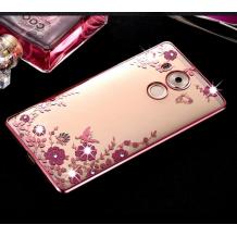 Луксозен силиконов калъф / гръб / TPU с камъни за Huawei Nova Smart - прозрачен / розови цветя / Rose Gold кант