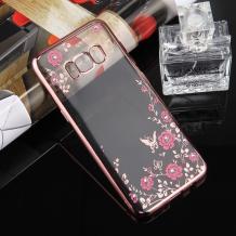 Луксозен силиконов калъф / гръб / TPU с камъни за Samsung Galaxy S8 G950 - прозрачен / розови цветя / Rose Gold кант